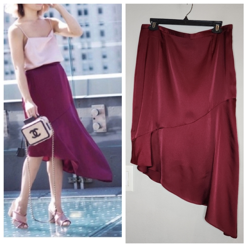 Banana Republic Olivia Palermo Maroon Red Satin Asymmetrical‎ Skirt Size 10